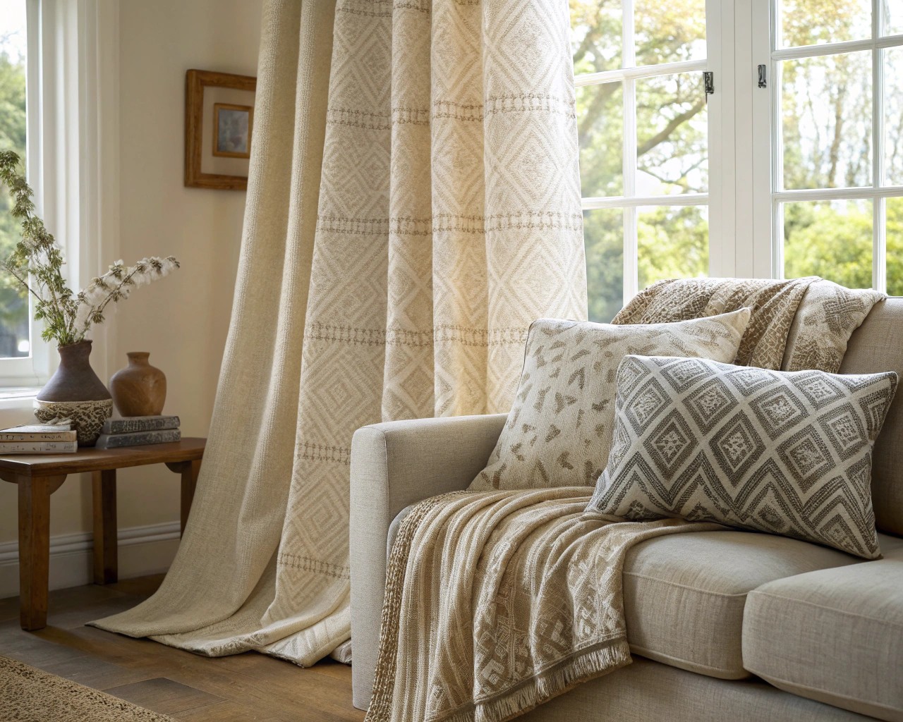 Layered textiles and mixed materials create depth in this inviting living space.