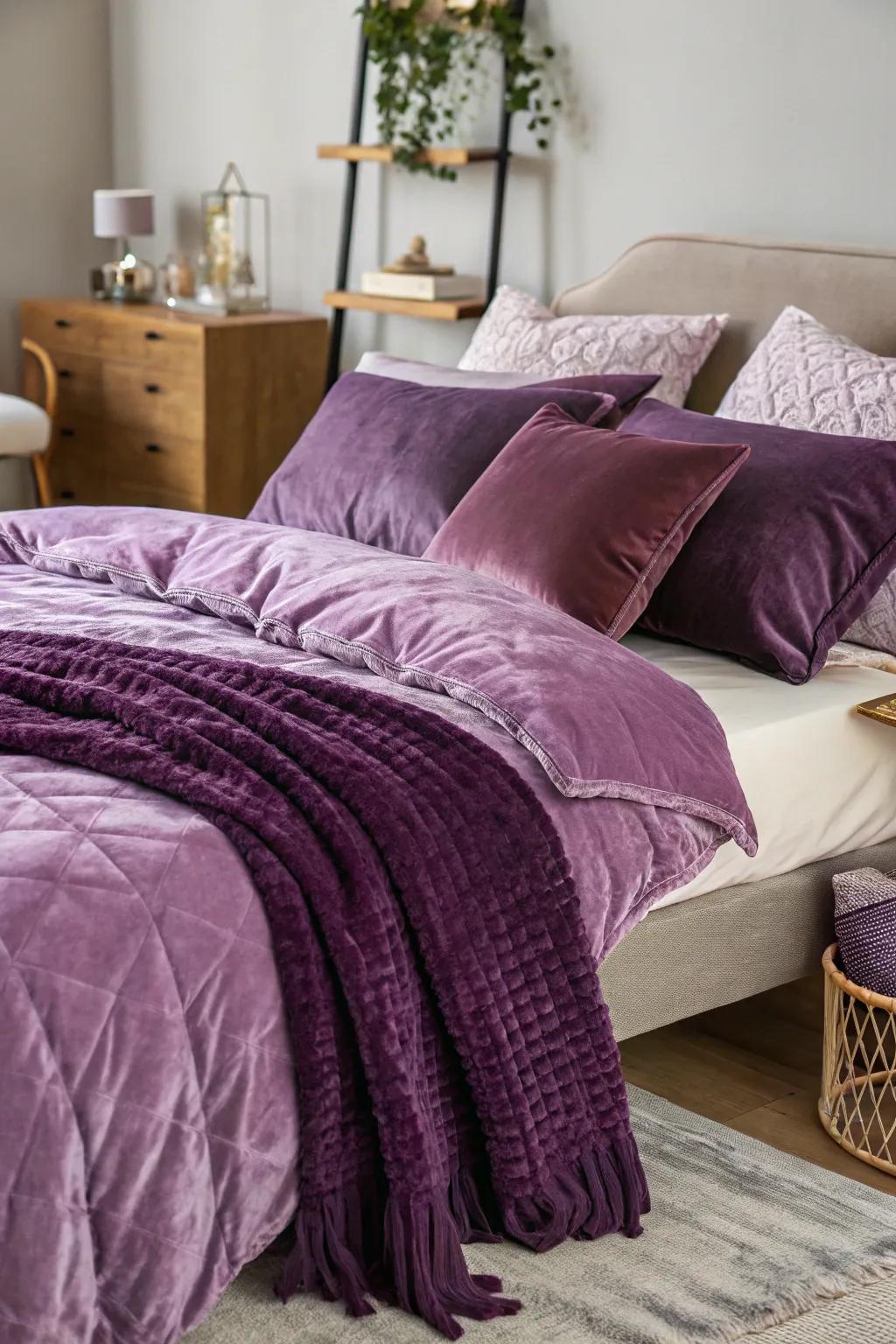 Layered textures in purple create a cozy atmosphere.