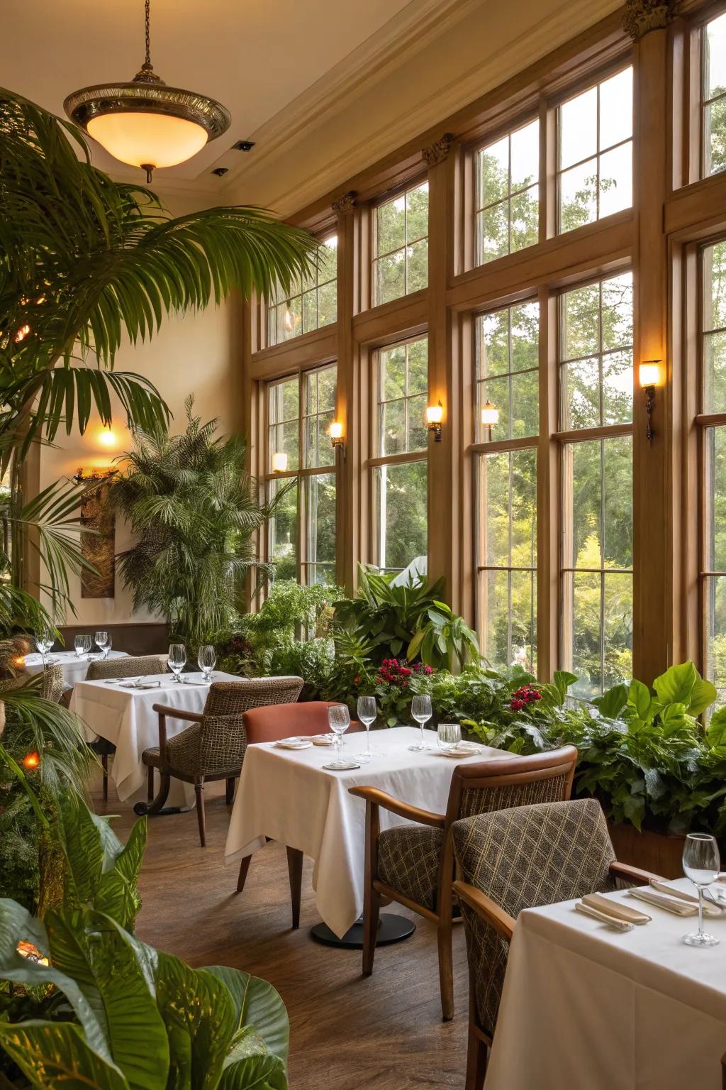 The interplay of sunlight and greenery creates a refreshing dining atmosphere.