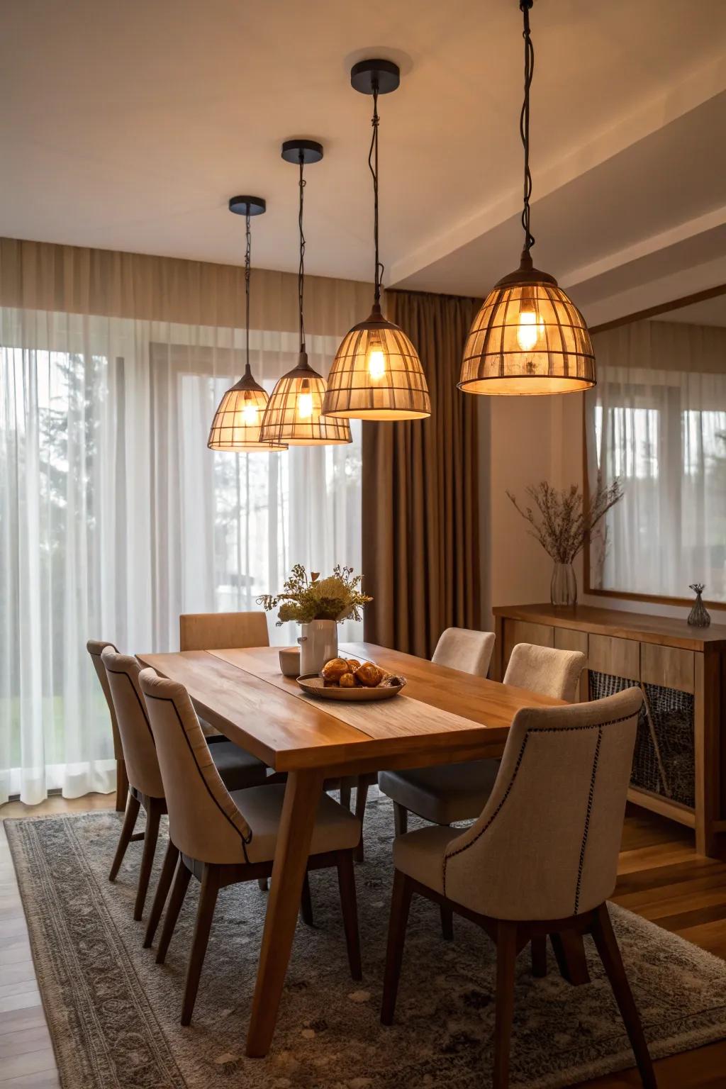 Subtle illumination from pendant lights establishes a cozy dining atmosphere.