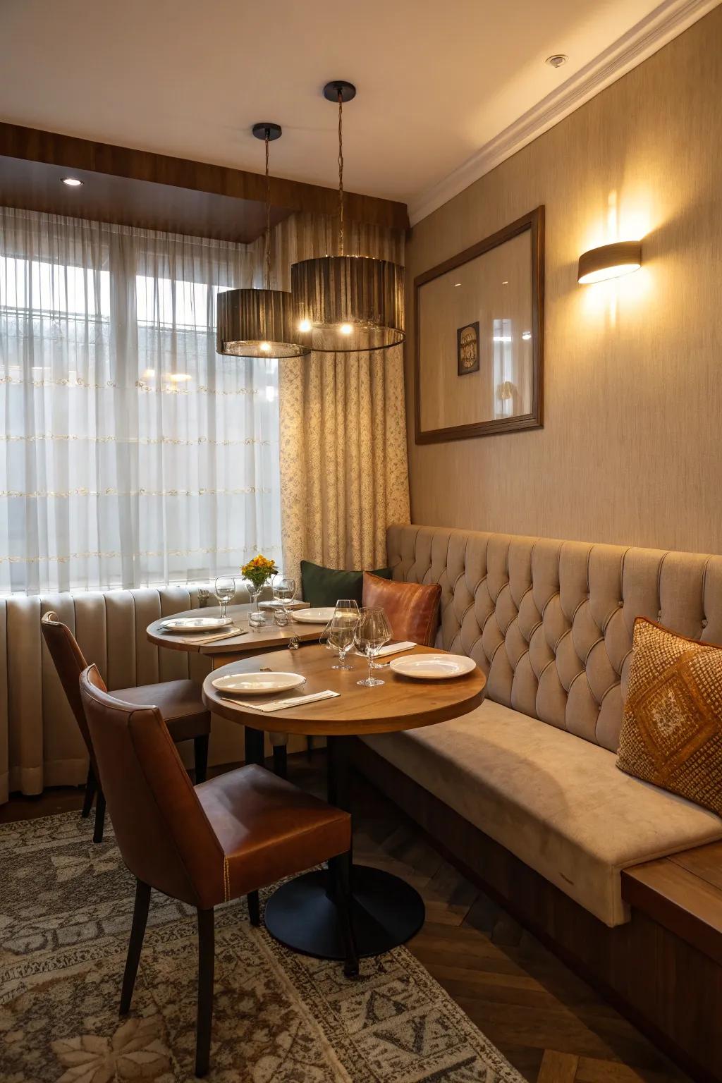 Banquette seating maximizes space and adds a cozy feel.