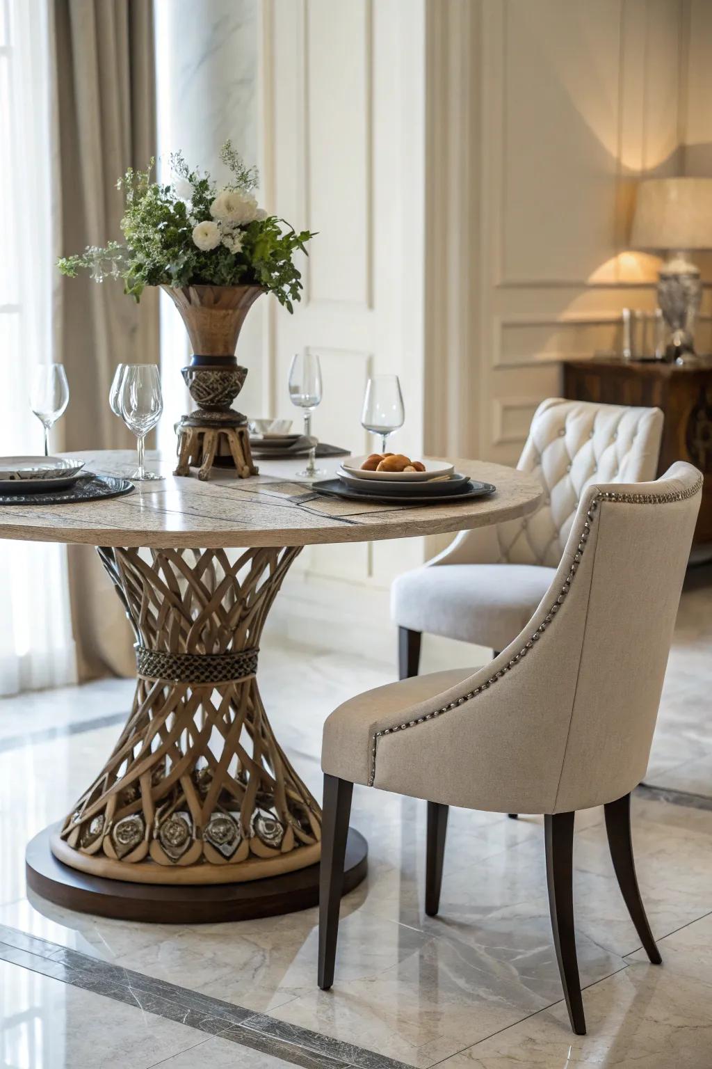 A unique table base paired with slim chairs draws attention to design details.