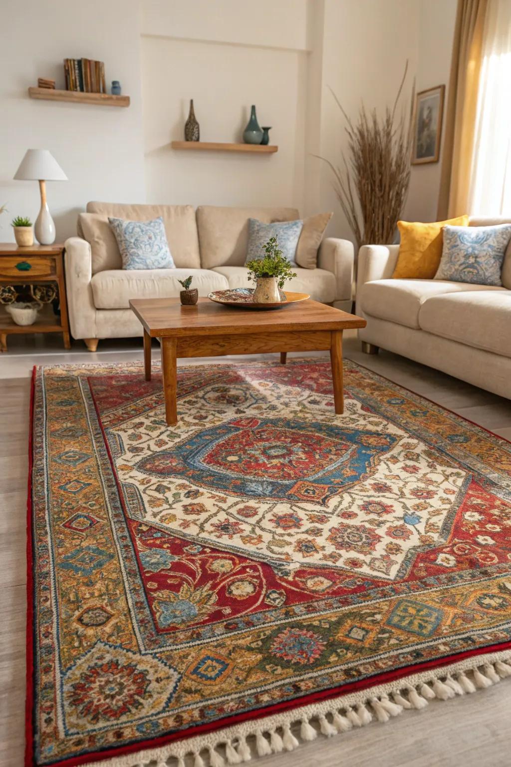 A striking rug enlivens a neutral living space with warmth and individuality.