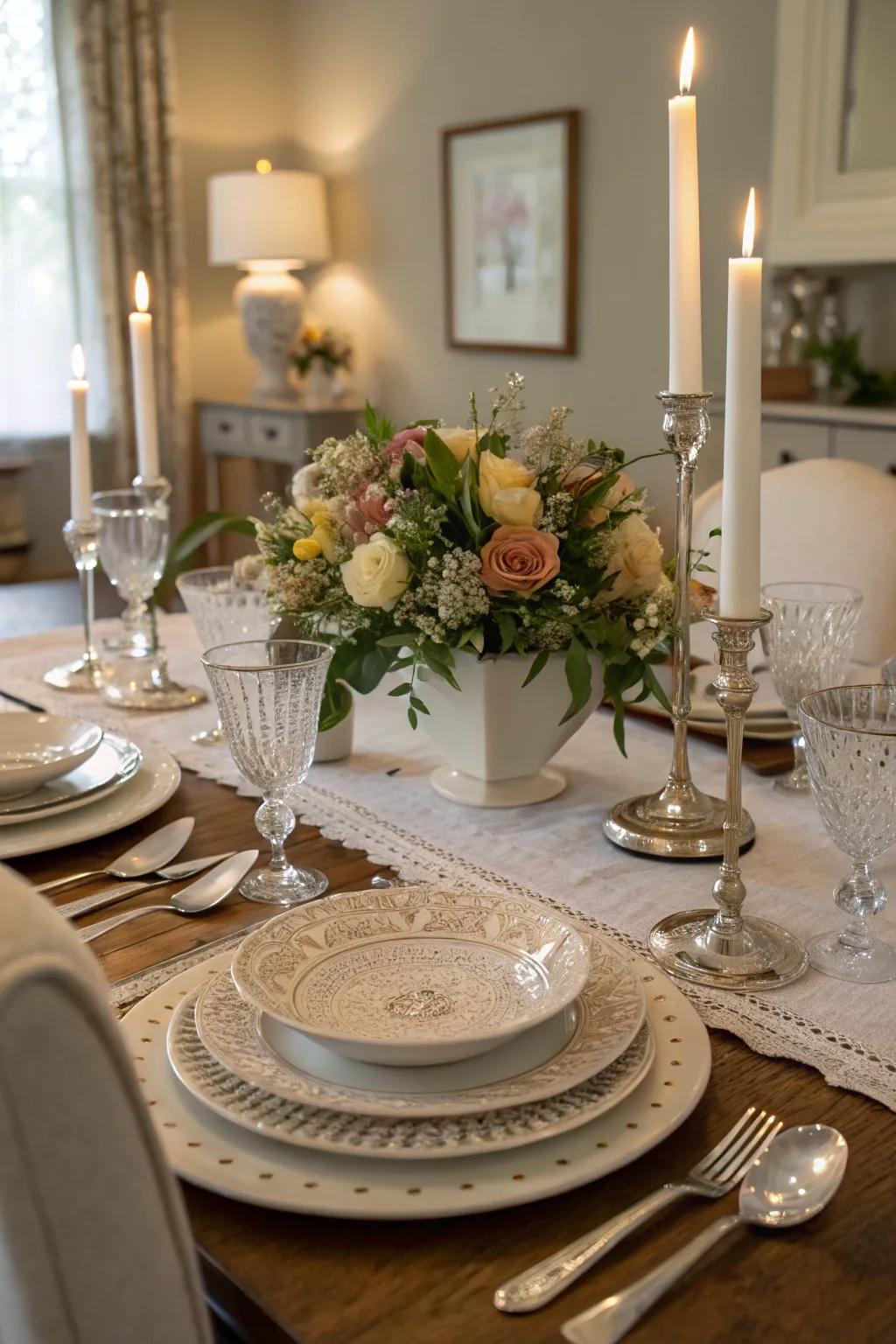 Layered table settings and centerpieces introduce depth and visual appeal.