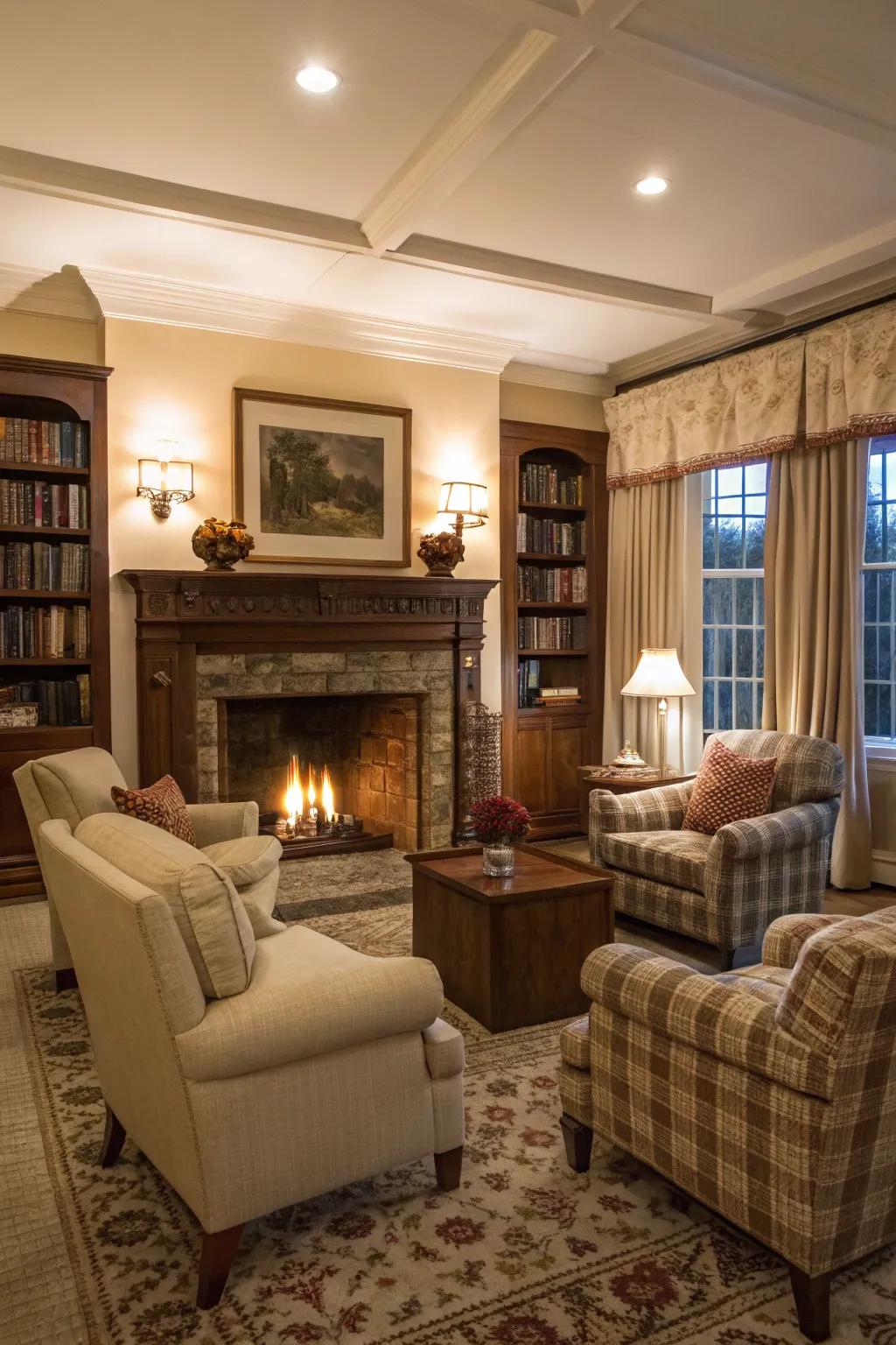 A hearth setting encourages conversation and offers a warm place to sit.