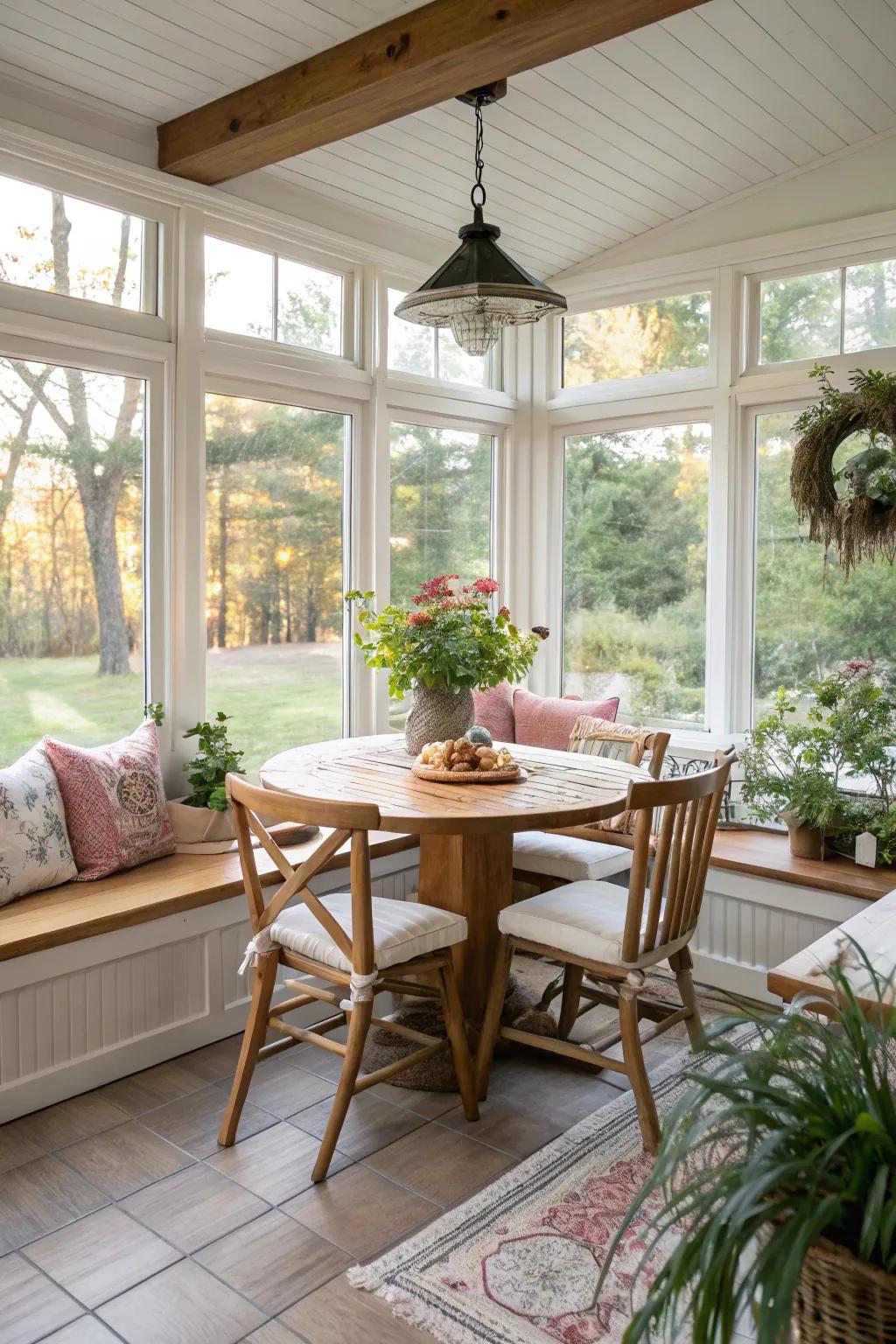 A repurposed sunroom as a dining nook fuses function with creativity.