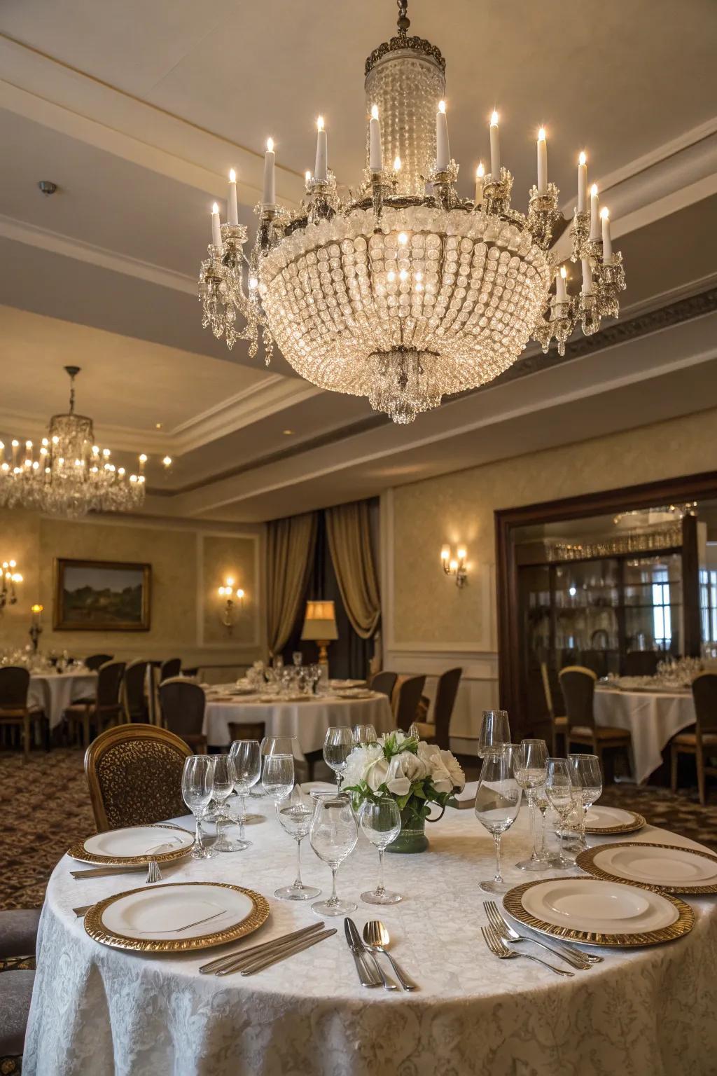 Sophistication through chandeliers and fine tableware for an elegant dining experience.