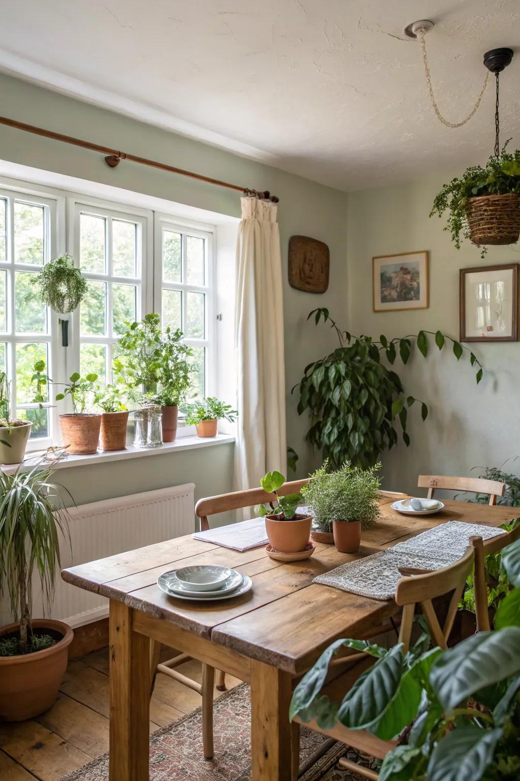Plants breathe life into a dining space.