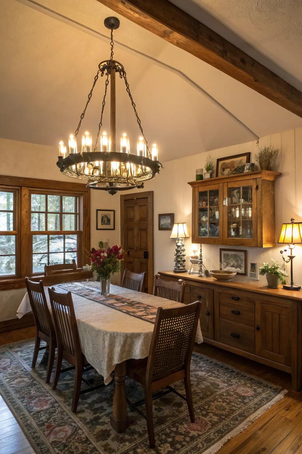 A stunning light fixture elevates the room's ambiance.