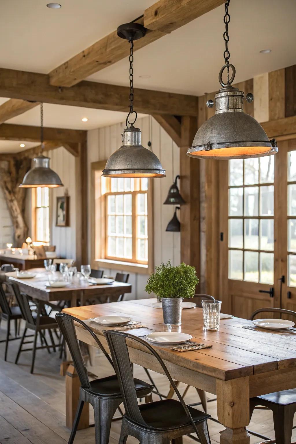 Industrial metal fixtures contrast beautifully with wood.