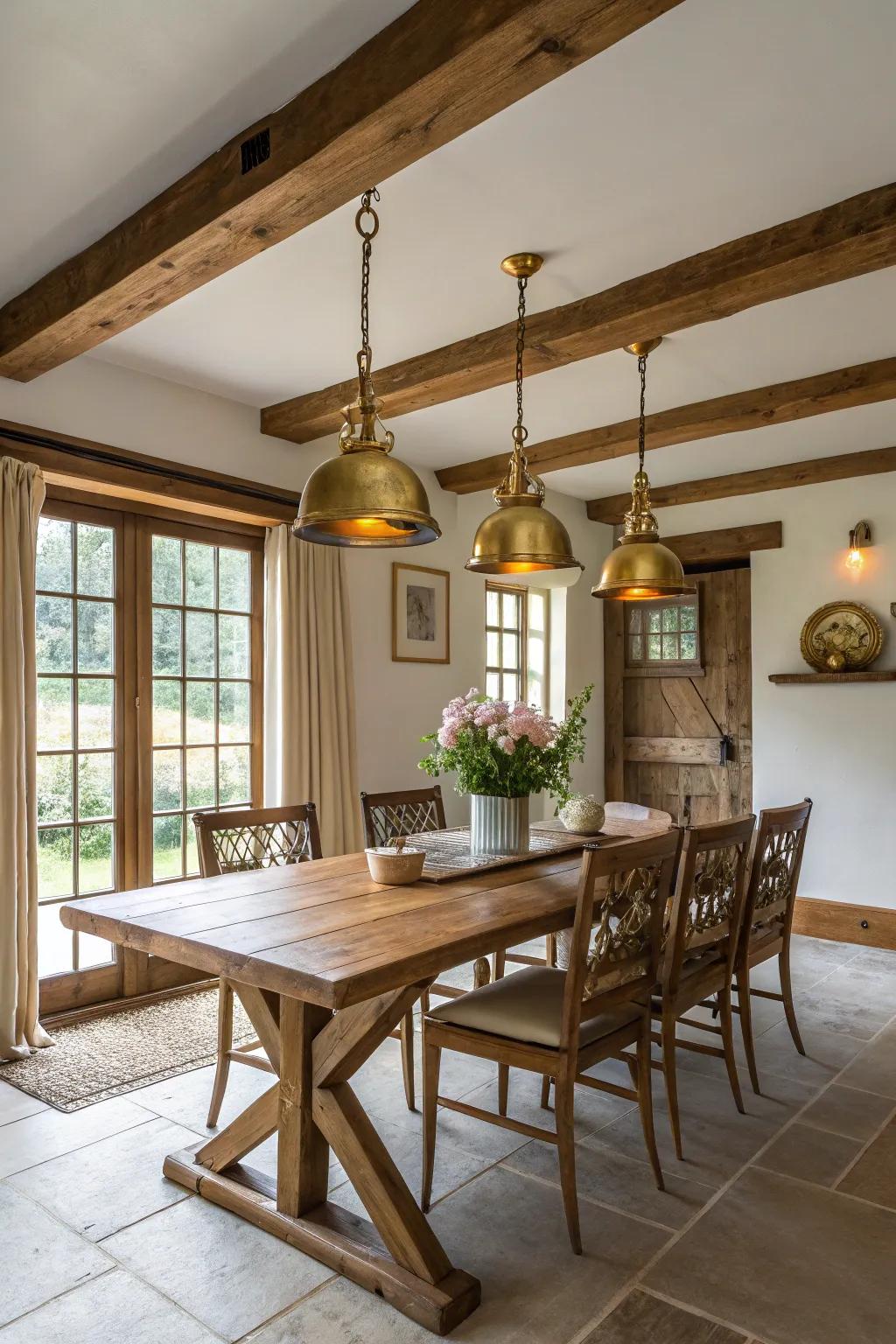 Vintage brass accents bring luxury and history.