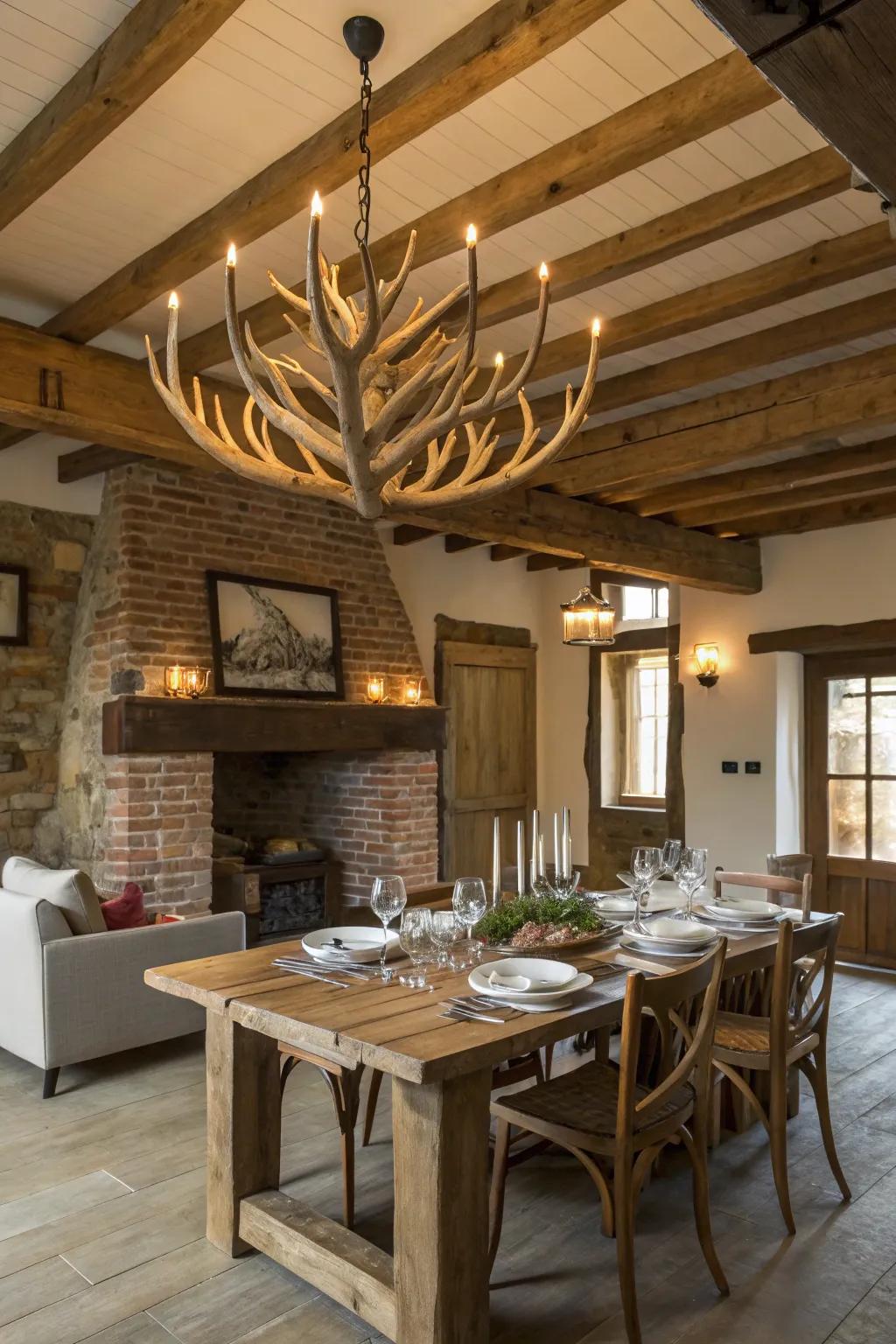 An antler chandelier makes a bold statement.