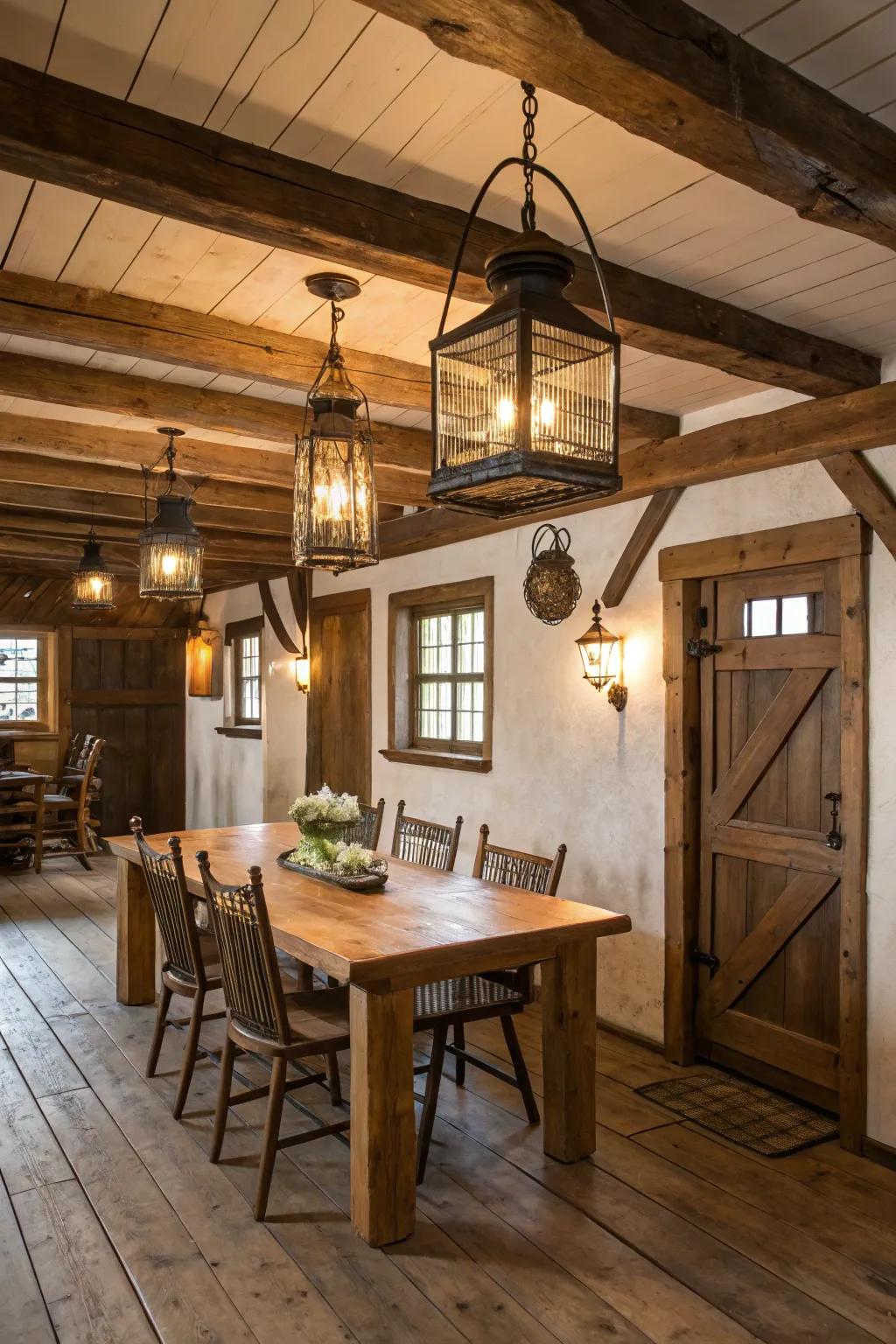 Rustic lanterns bring an old-world charm to the space.