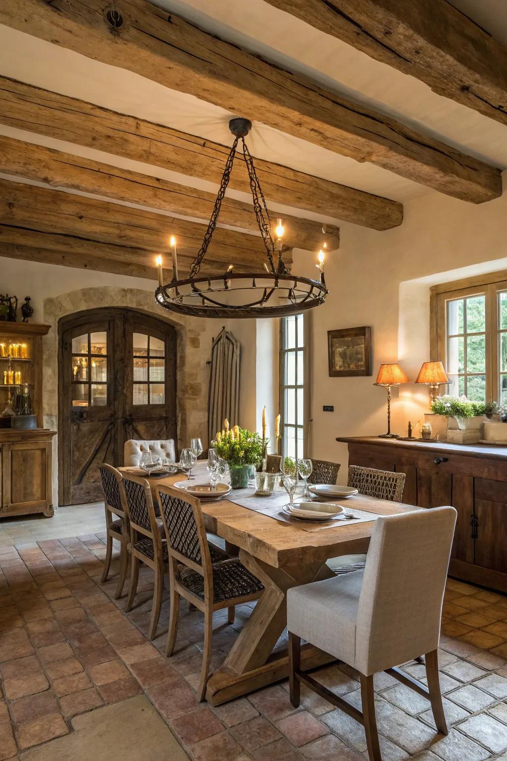 A classic candle chandelier adds elegance to the farmhouse dining room.