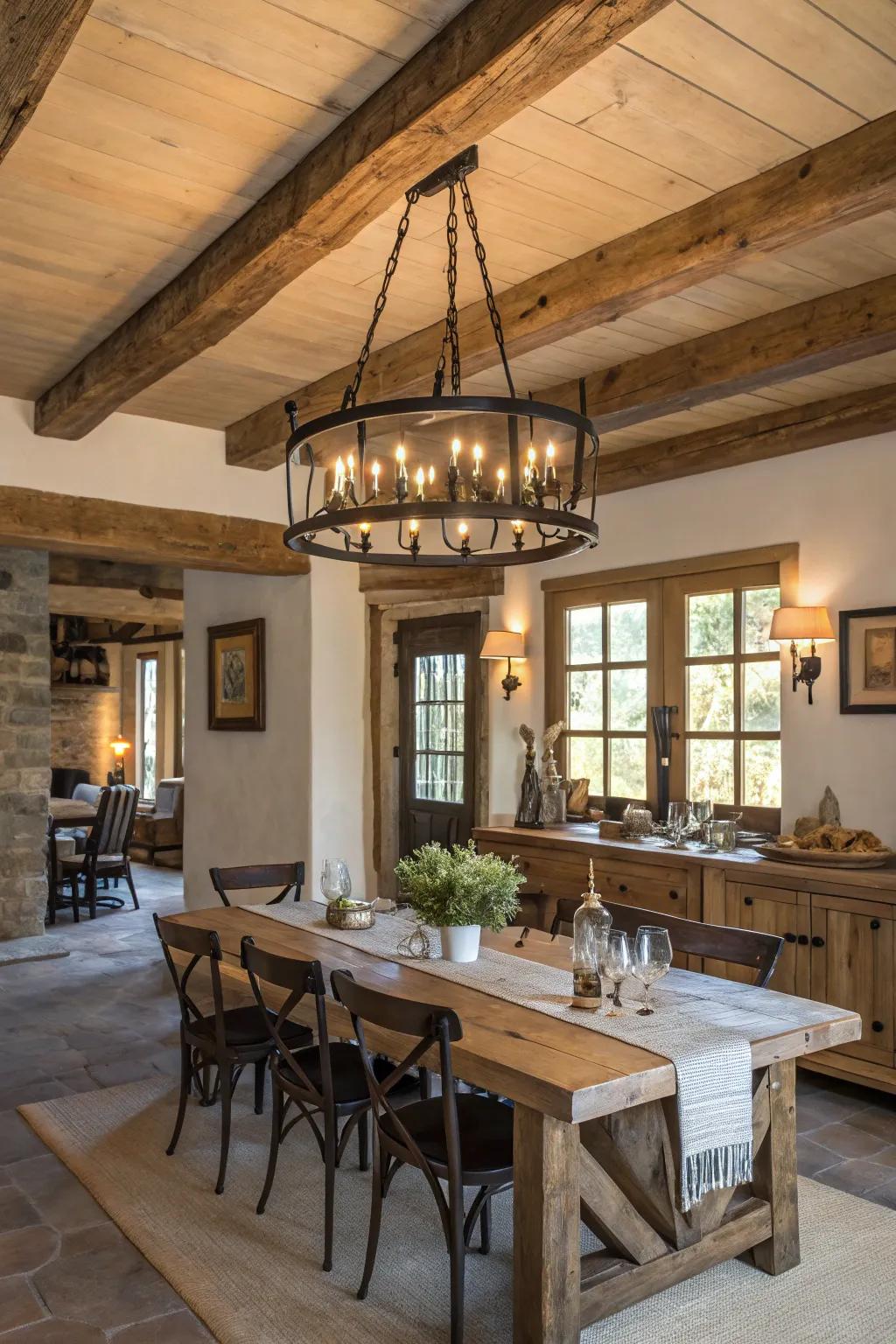 Wood and iron fixtures bring rustic and industrial styles together.