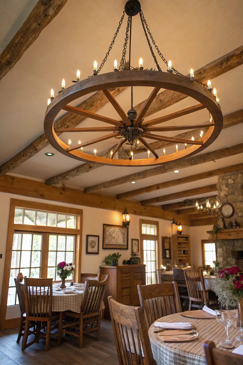 A wagon wheel chandelier adds a rustic focal point to the room.
