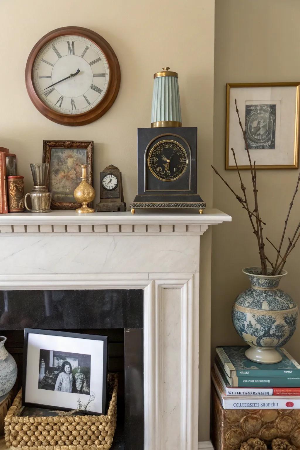 A high mantel exhibiting a blend of modern and vintage décor for an assorted visage.