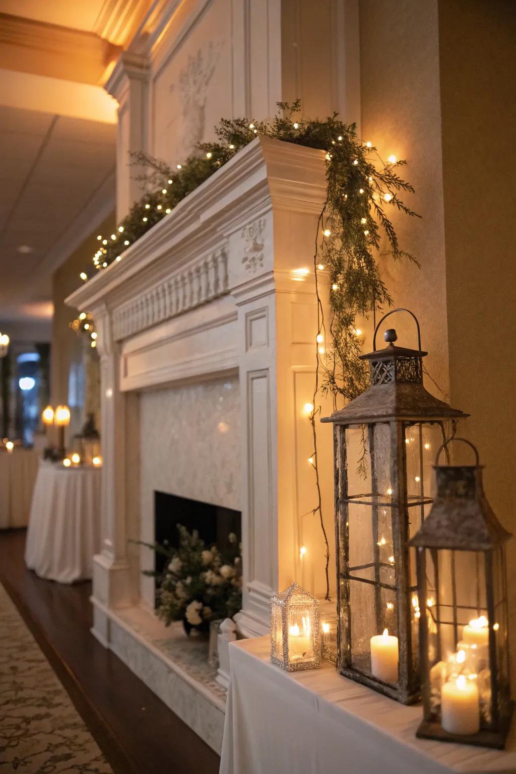 A high mantel incorporating illumination highlights, thus yielding a warm and welcoming ambiance.