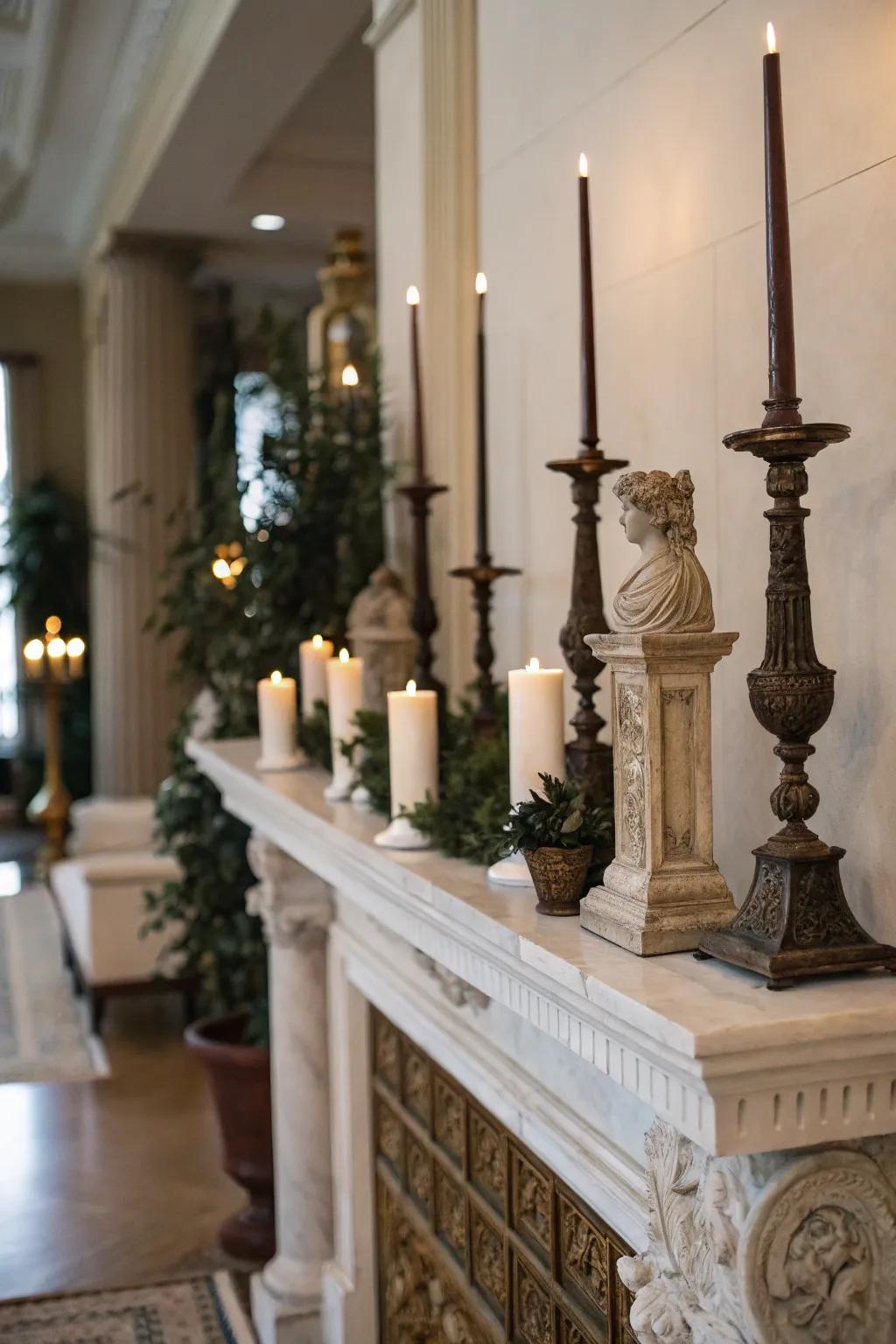 A high mantel incorporating upright elements such as candle stands and sculptures to accentuate elevation.