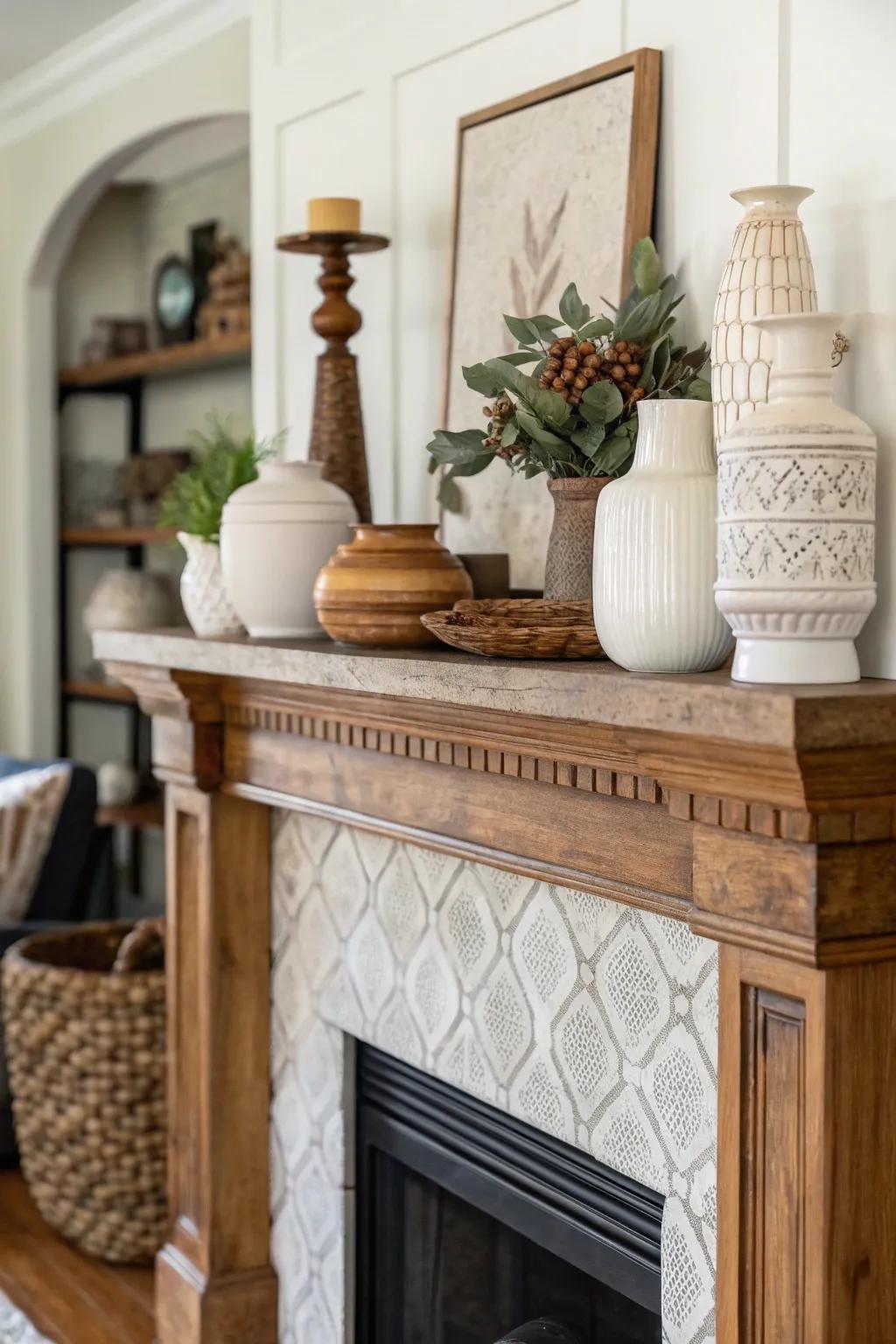 A high mantel presenting an assortment of textures for supplemental profundity and allure.