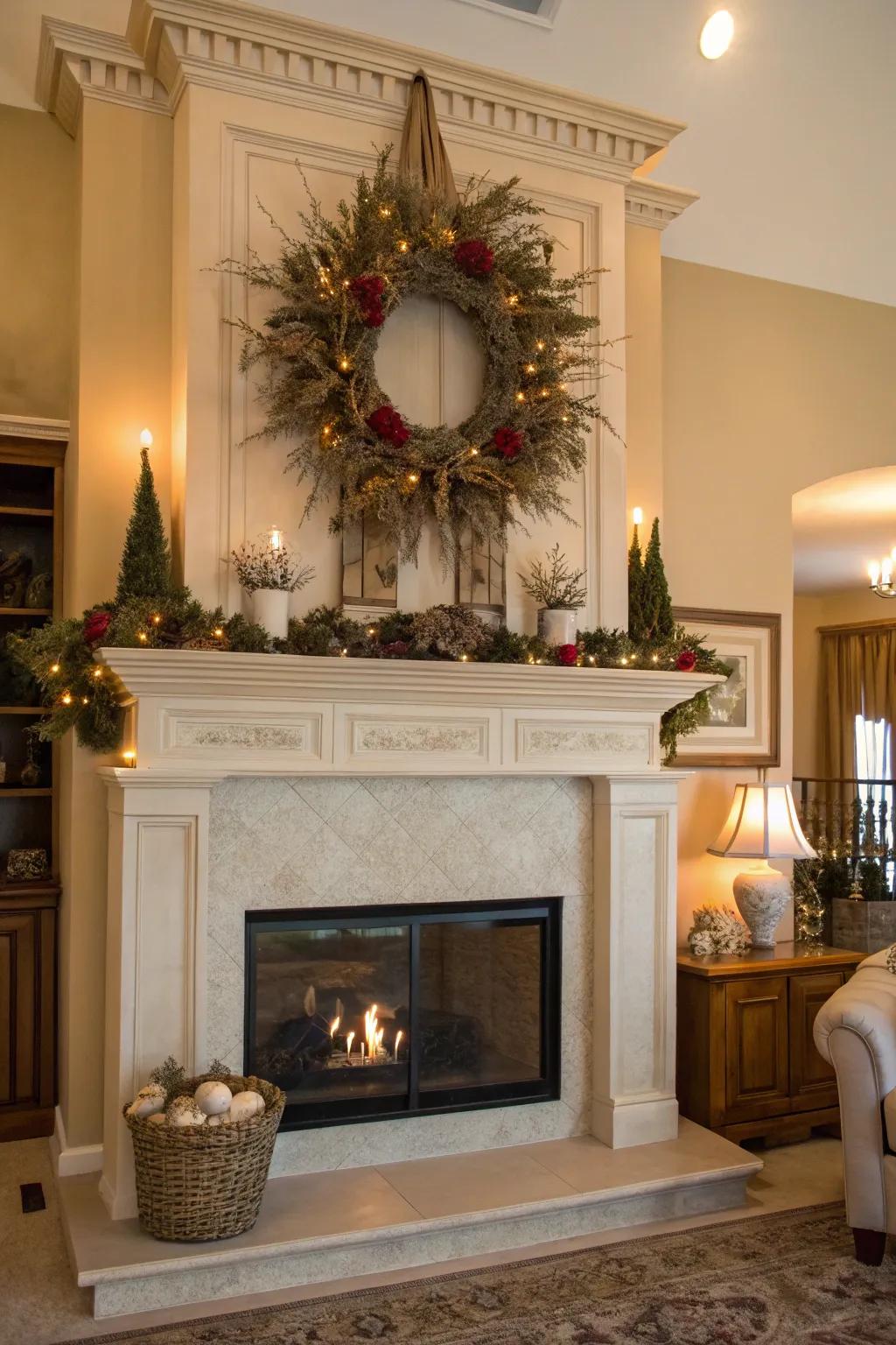 A high mantel featuring a seasonal garland that appends a celebratory accent.