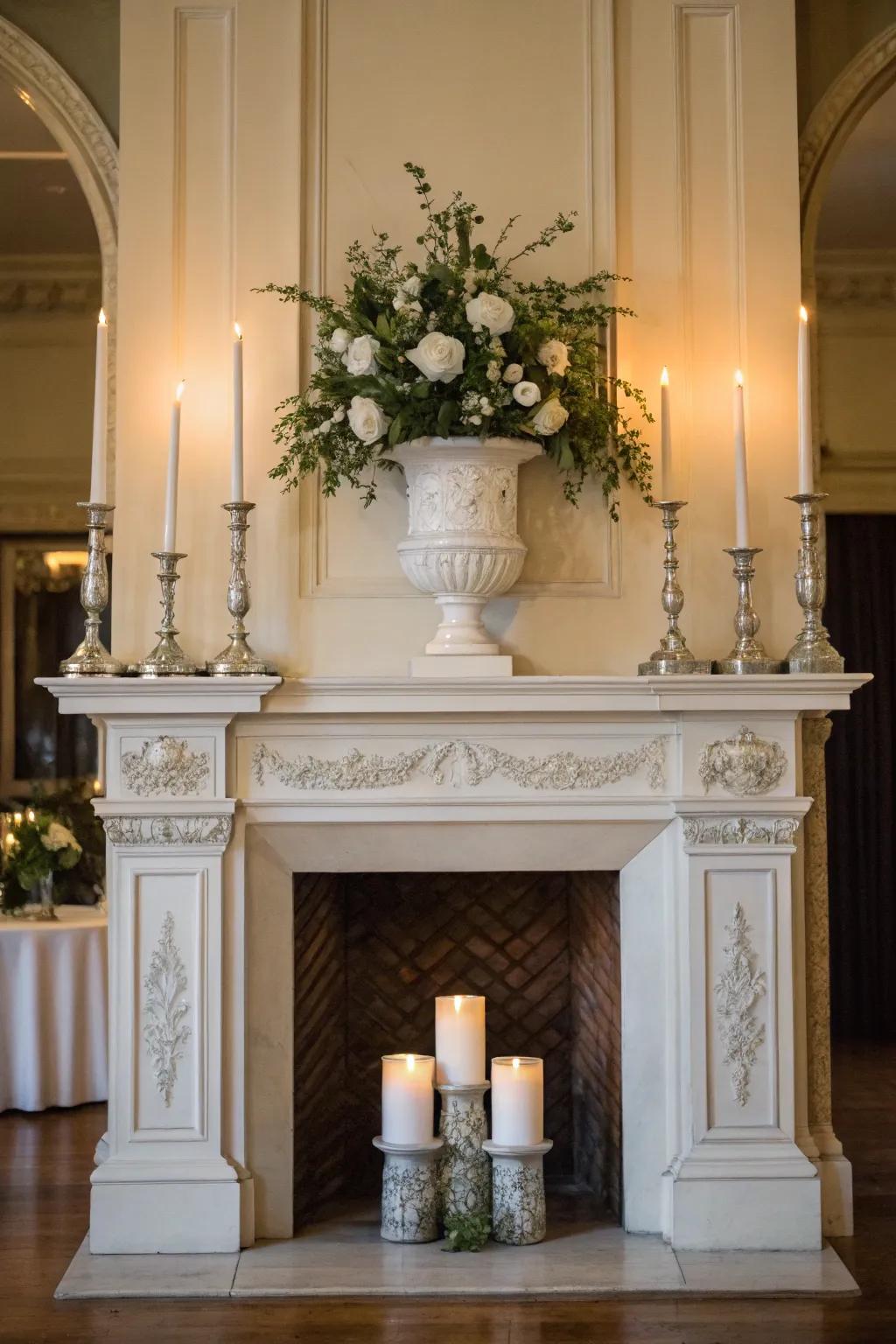 Symmetrical decor on a high mantel, showcasing harmonizing vases and candles for a proportionate appearance.