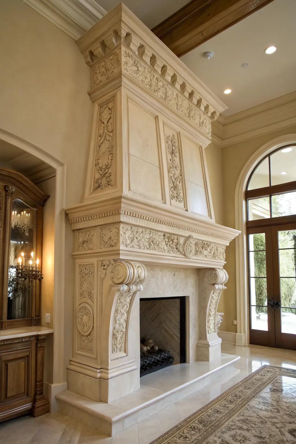 A high mantel presenting structural refinements intended for added sophistication.