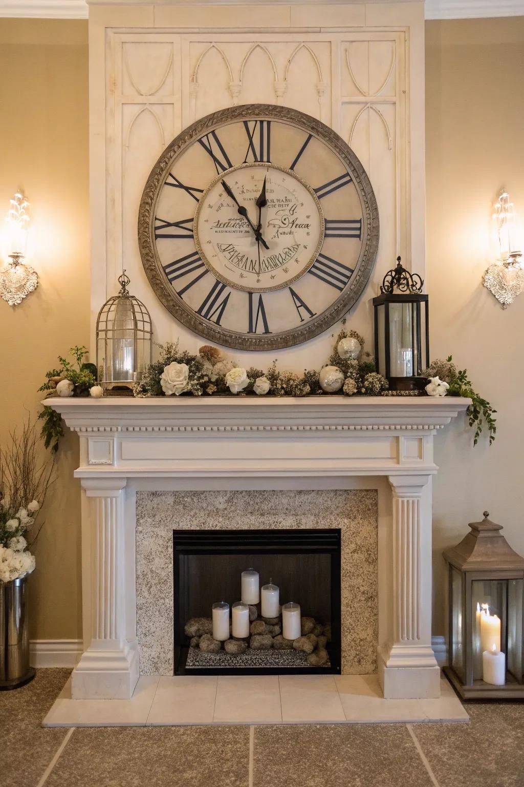 A high mantel featuring a declaration clock intended for style and utility.