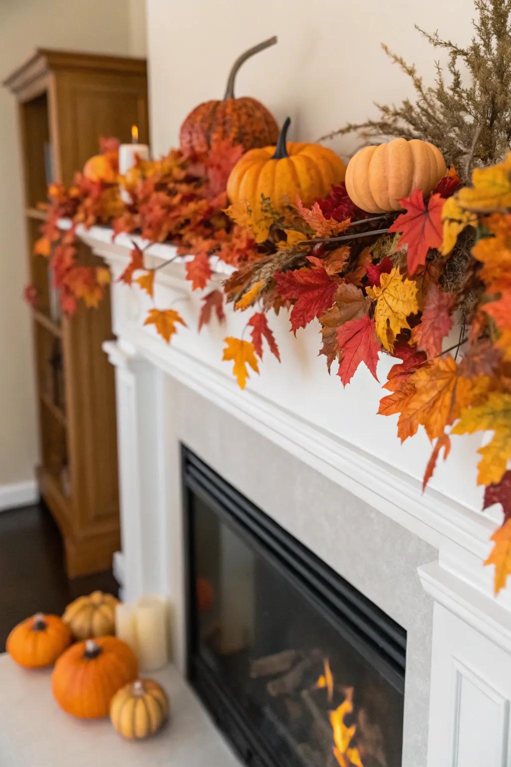 A high mantel embellished with seasonal items, such as autumn leaves and pumpkins.