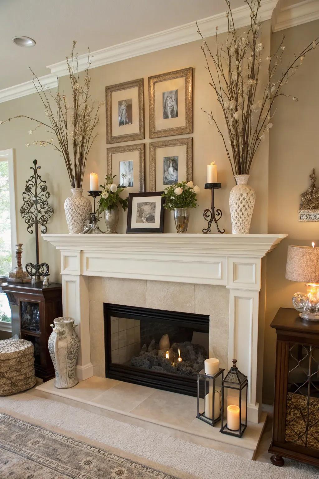 A high mantel presenting décor that complements the room's color coordination.