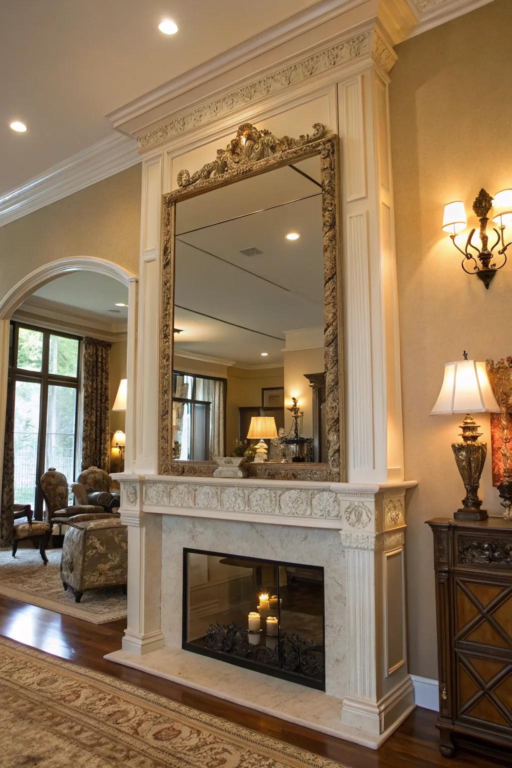 A high mantel featuring a sizable mirror that enhances depth and reflects light.