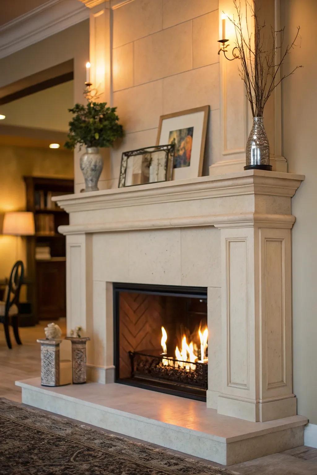 A high mantel with scarce décor, emphasizing the fireplace as the principal attribute.