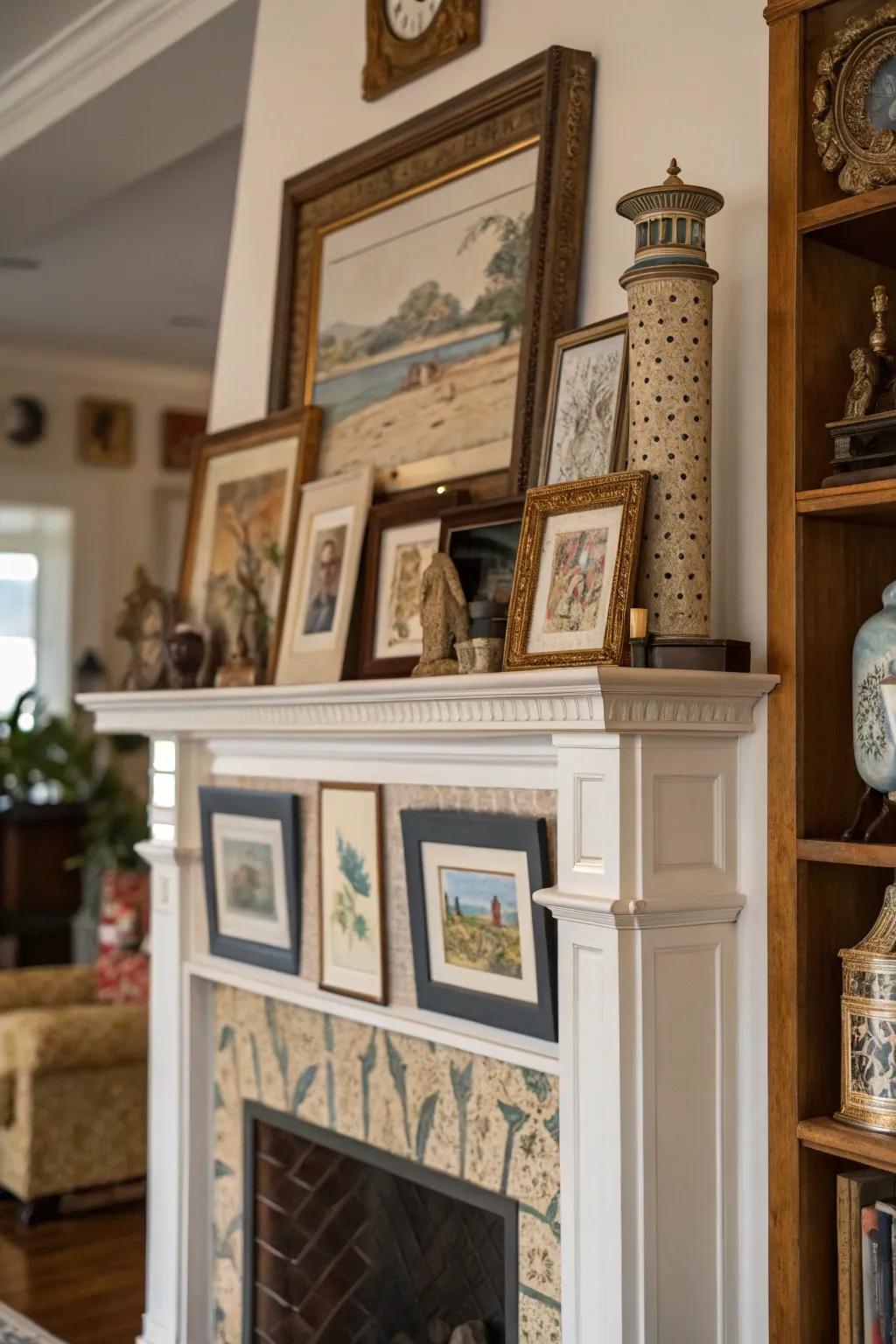 A high mantel featuring layered artwork, crafting a visually stimulating display.