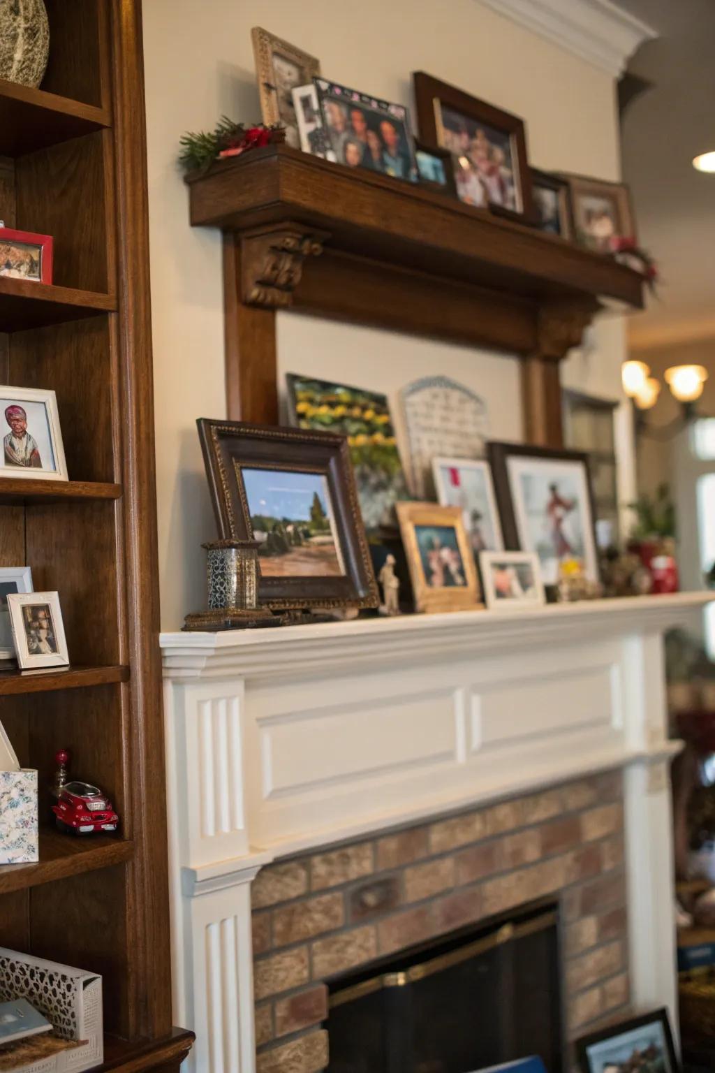 A high mantel presenting a display of personal compilations and mementos.