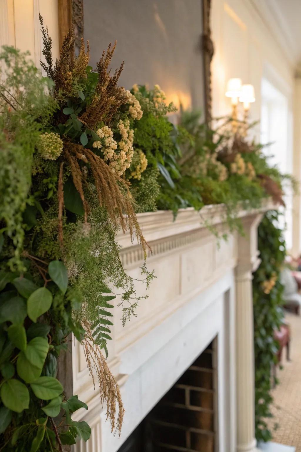 A high mantel graced with natural elements, encompassing greenery and dried flowers.