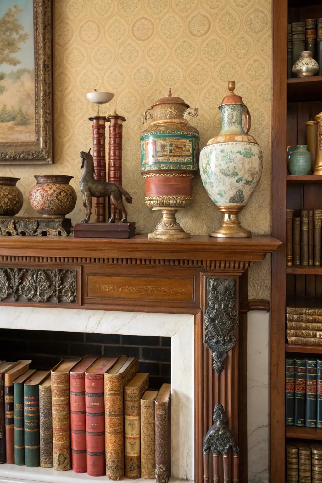 A high mantel showcasing vintage décor for supplemental character.