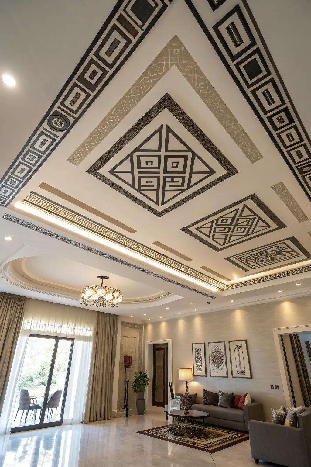 Geometric schematics convert ceilings into focal features.