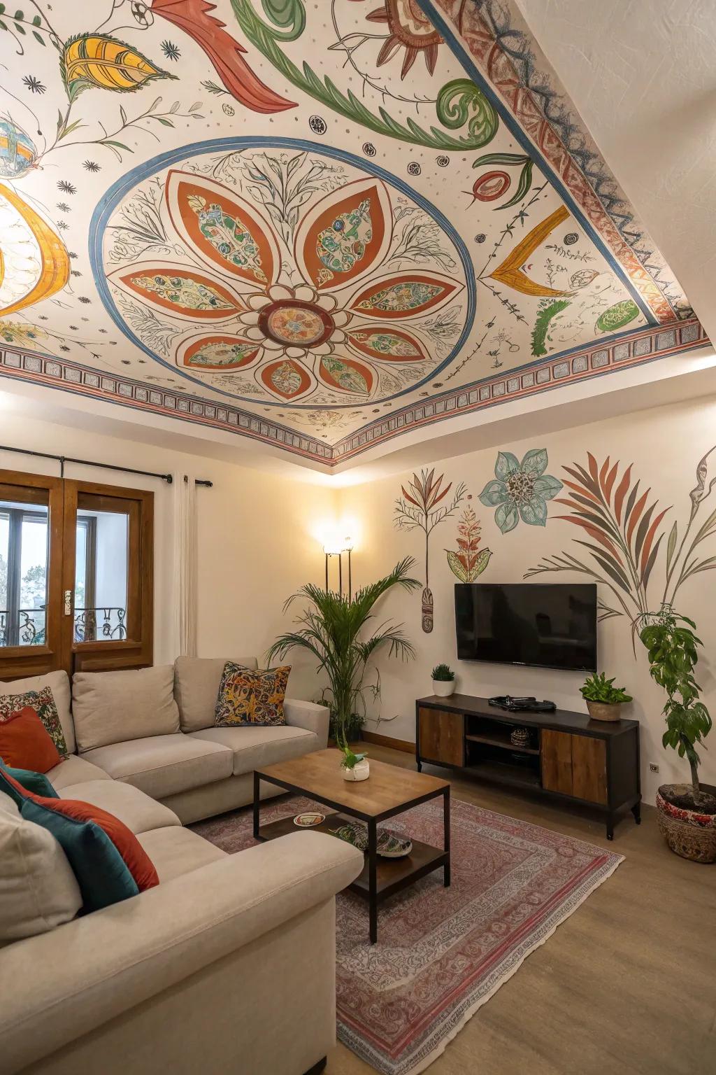 Artistic frescoes metamorphose ceilings into canvases.