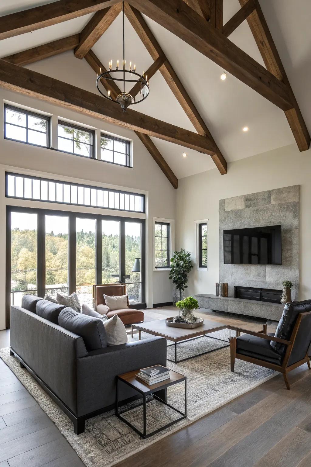 Emphasized beams inject countryside charm into contemporary settings.