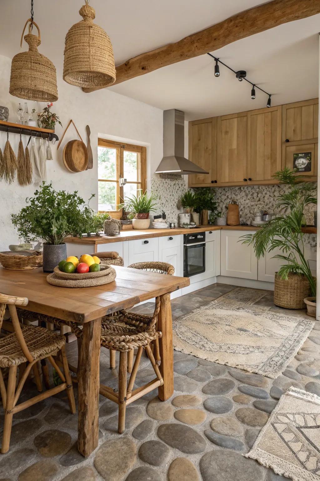 River rock foundations introduce a natural, tactile sensation indoors.