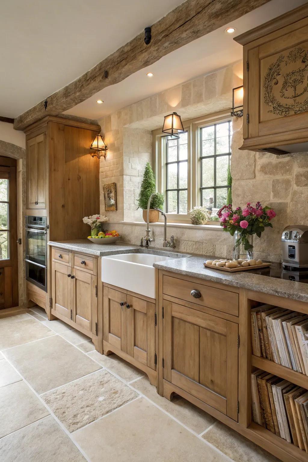 Limestone foundations enhance refinement with a rustic touch.
