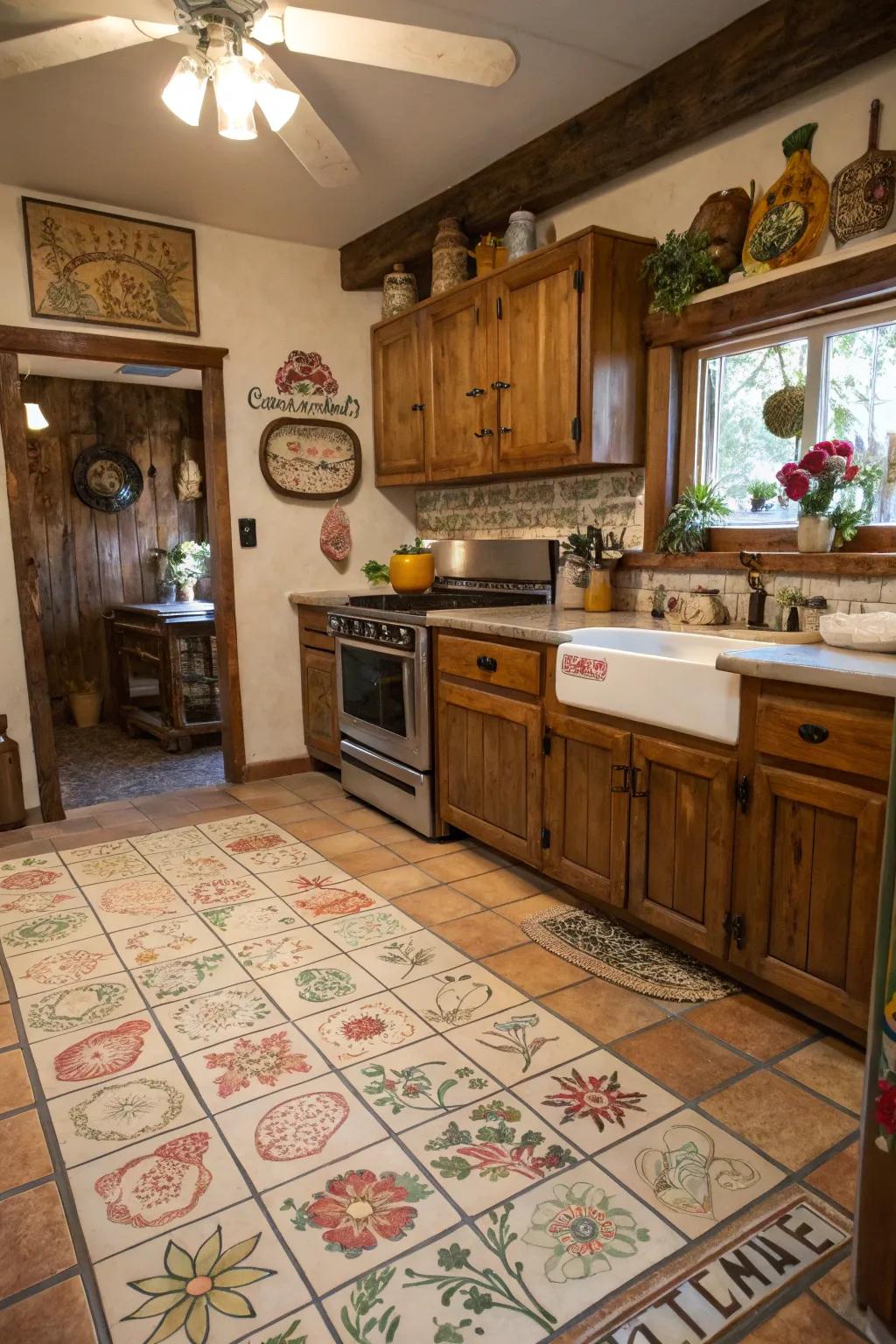 Hand-painted tiles enhance individualized artistry in the kitchen.