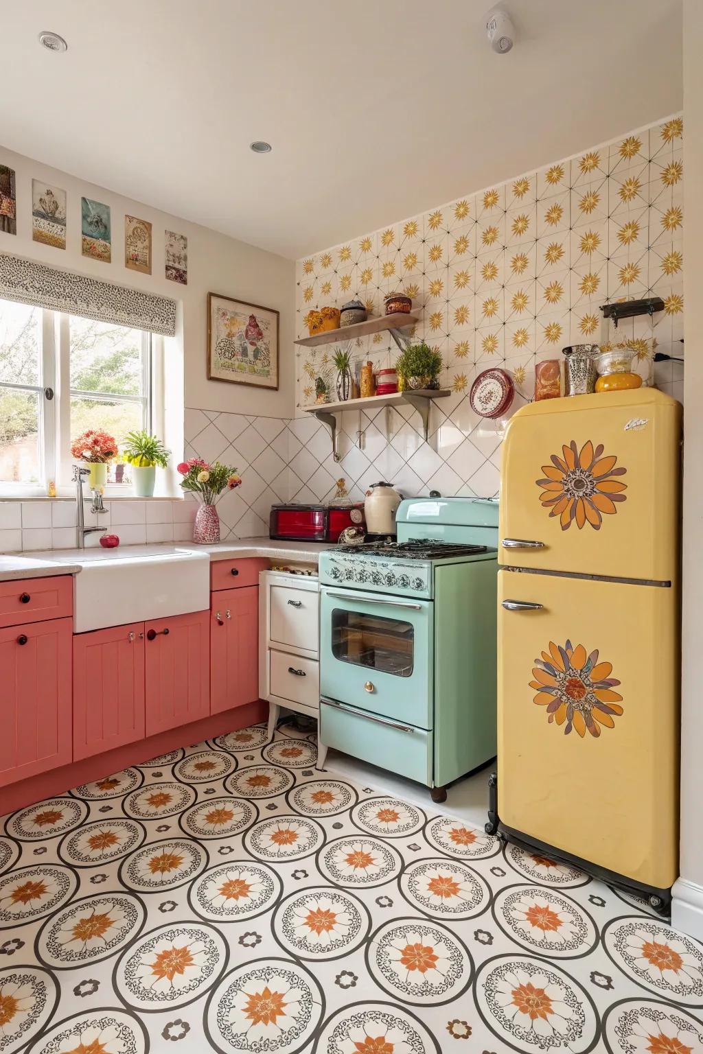 Classic plastic tiles introduce color and nostalgia to the kitchen.
