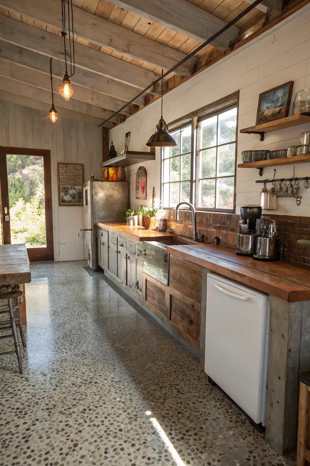 Exposed aggregate concrete unites industrial and rustic styles.