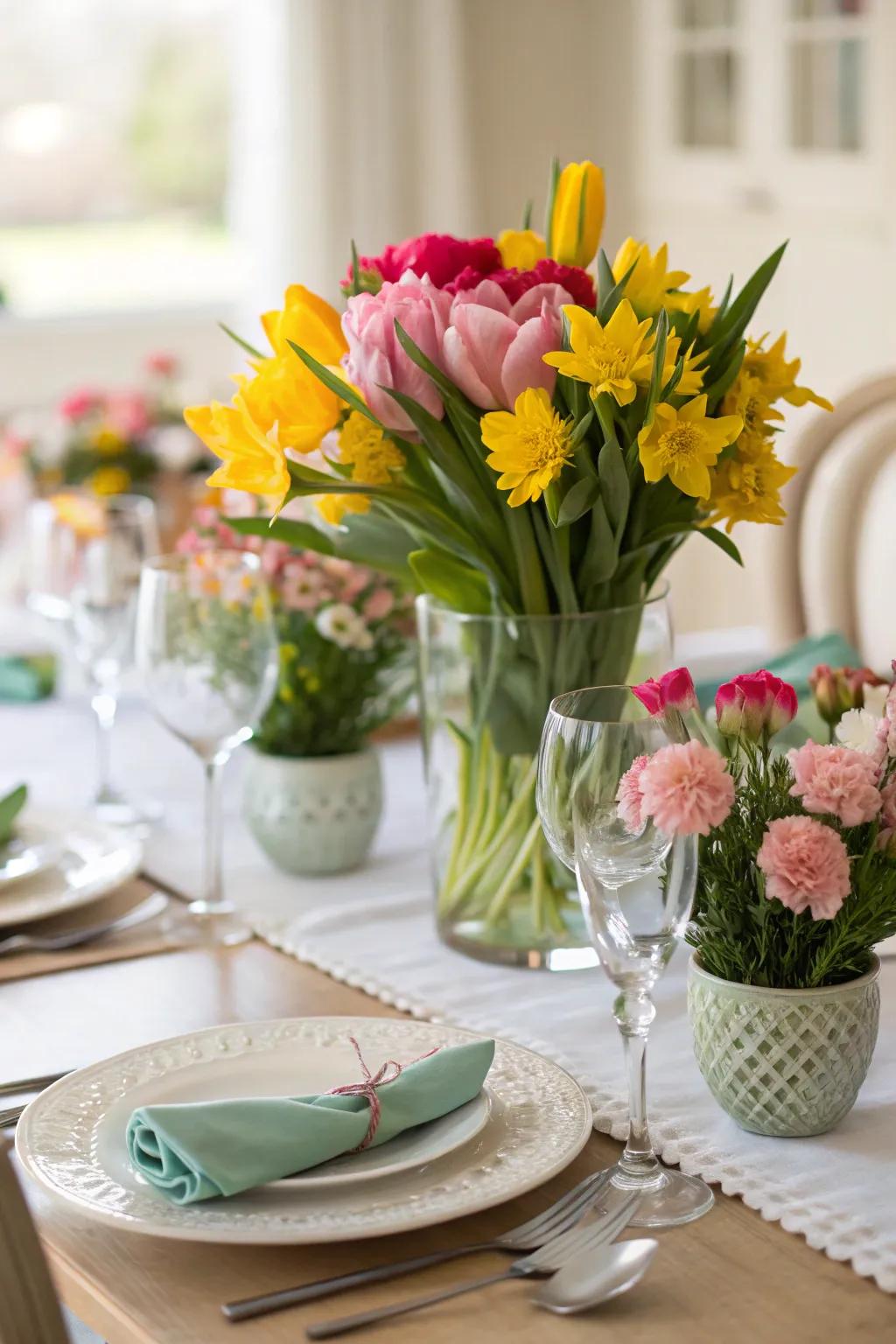 Table in the dining area decorated with spring flowers.