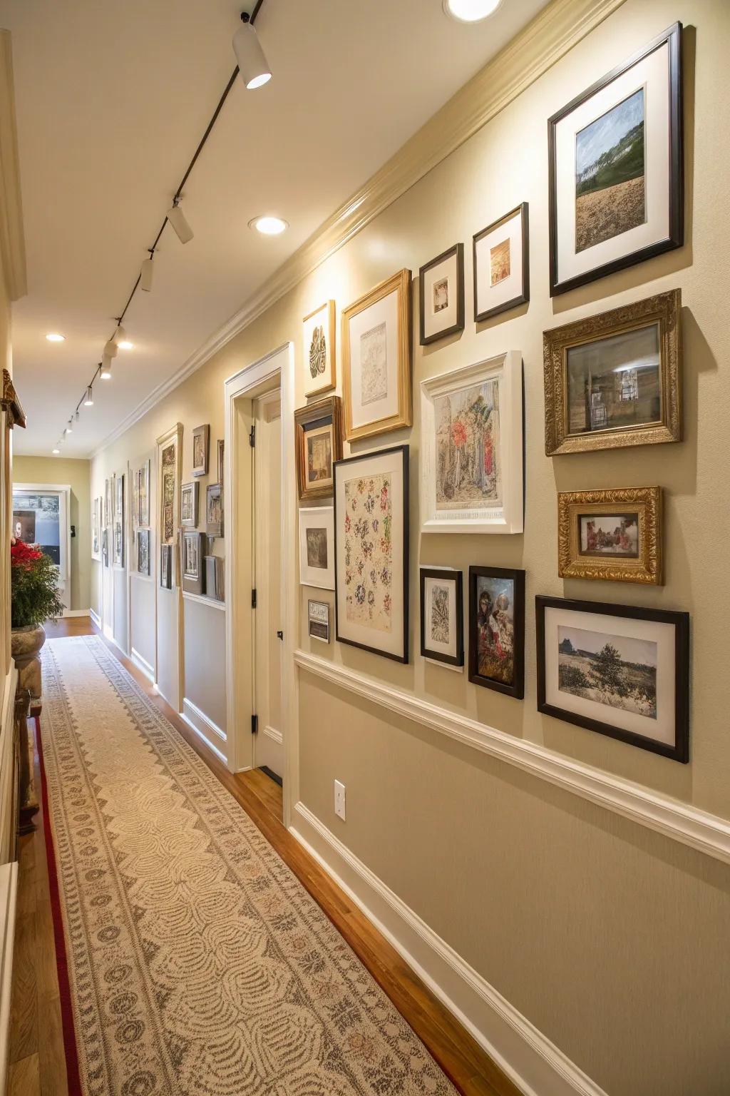 A wall of art gives a hallway more character and appeal.