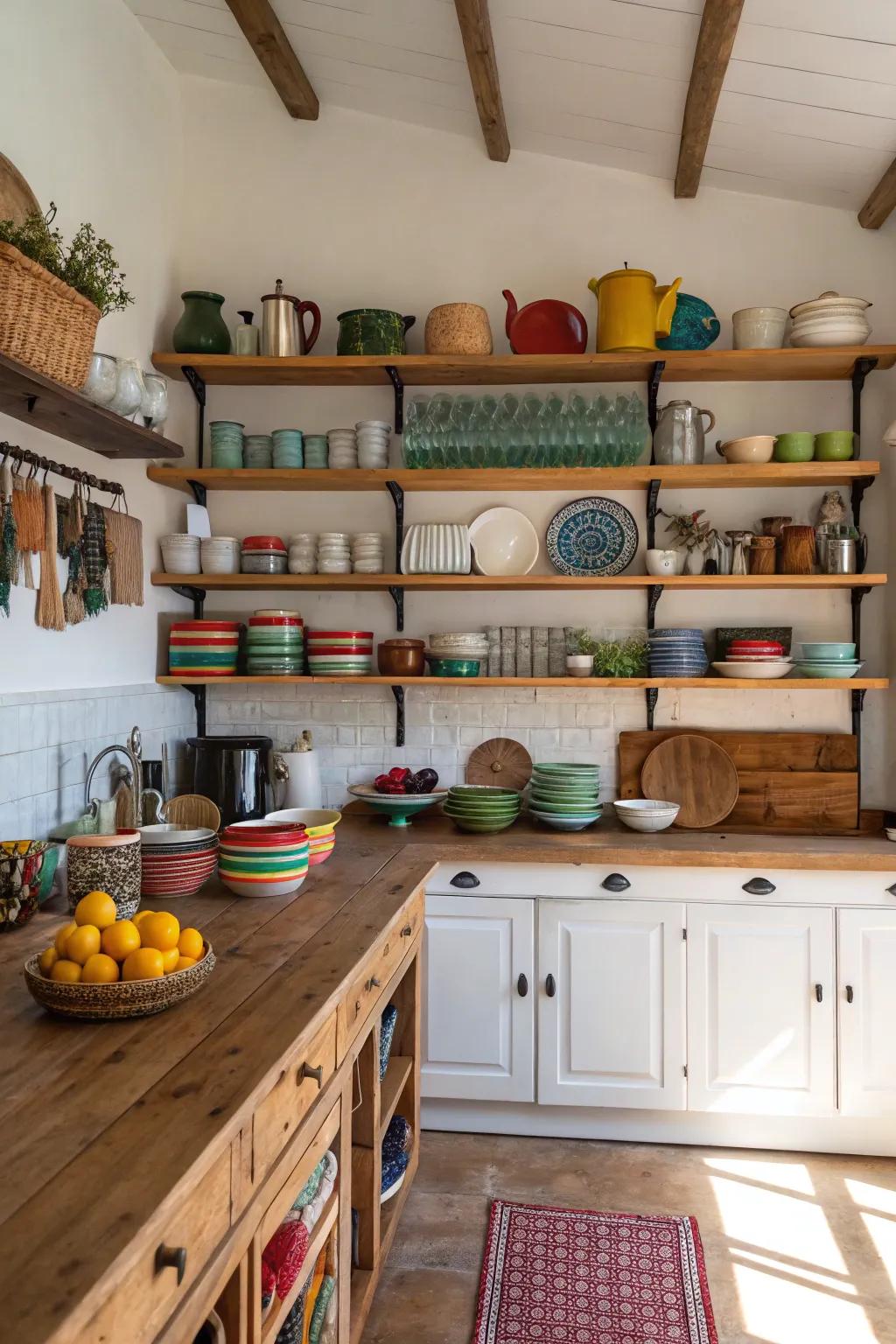 A kitchen that combines style and utility using open shelves.