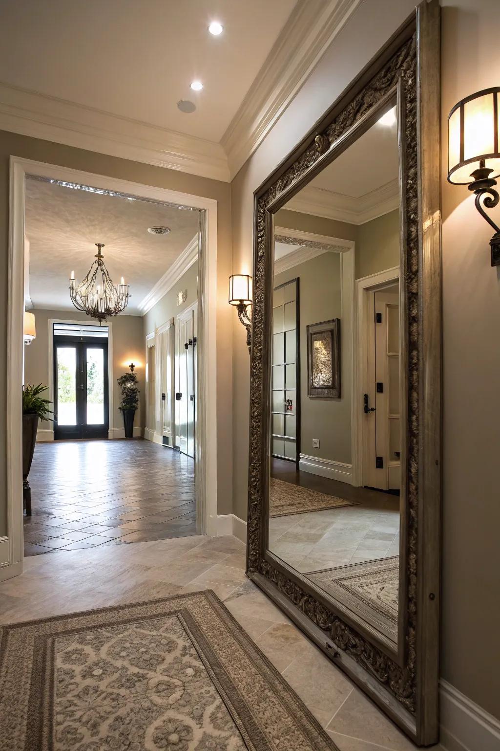 A large mirror that reflects light enhances the look of an entrance.