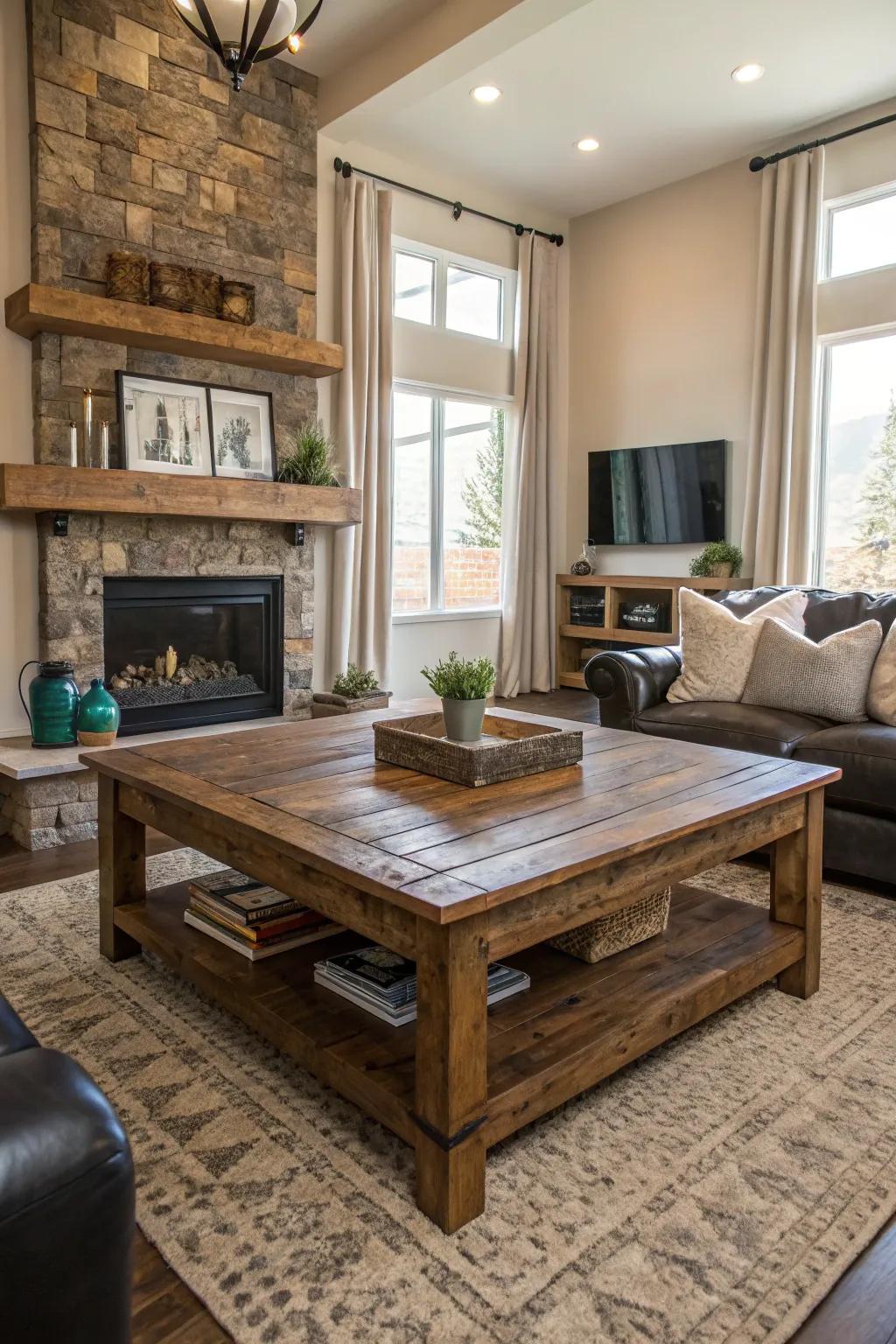 A modern living area with an old-fashioned coffee table made of repurposed wood.