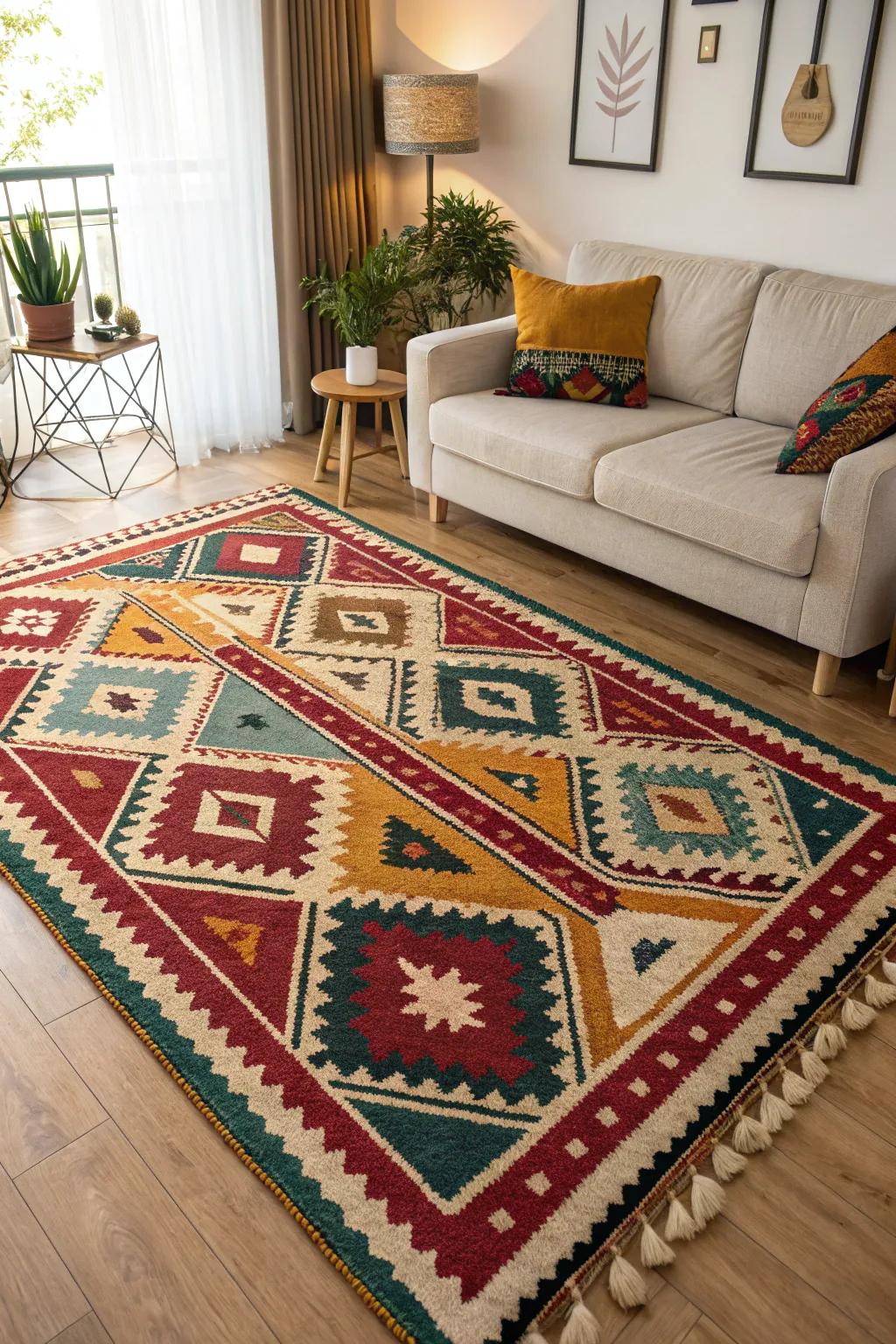 An eye-catching rug with a geometric pattern unifies a living area.